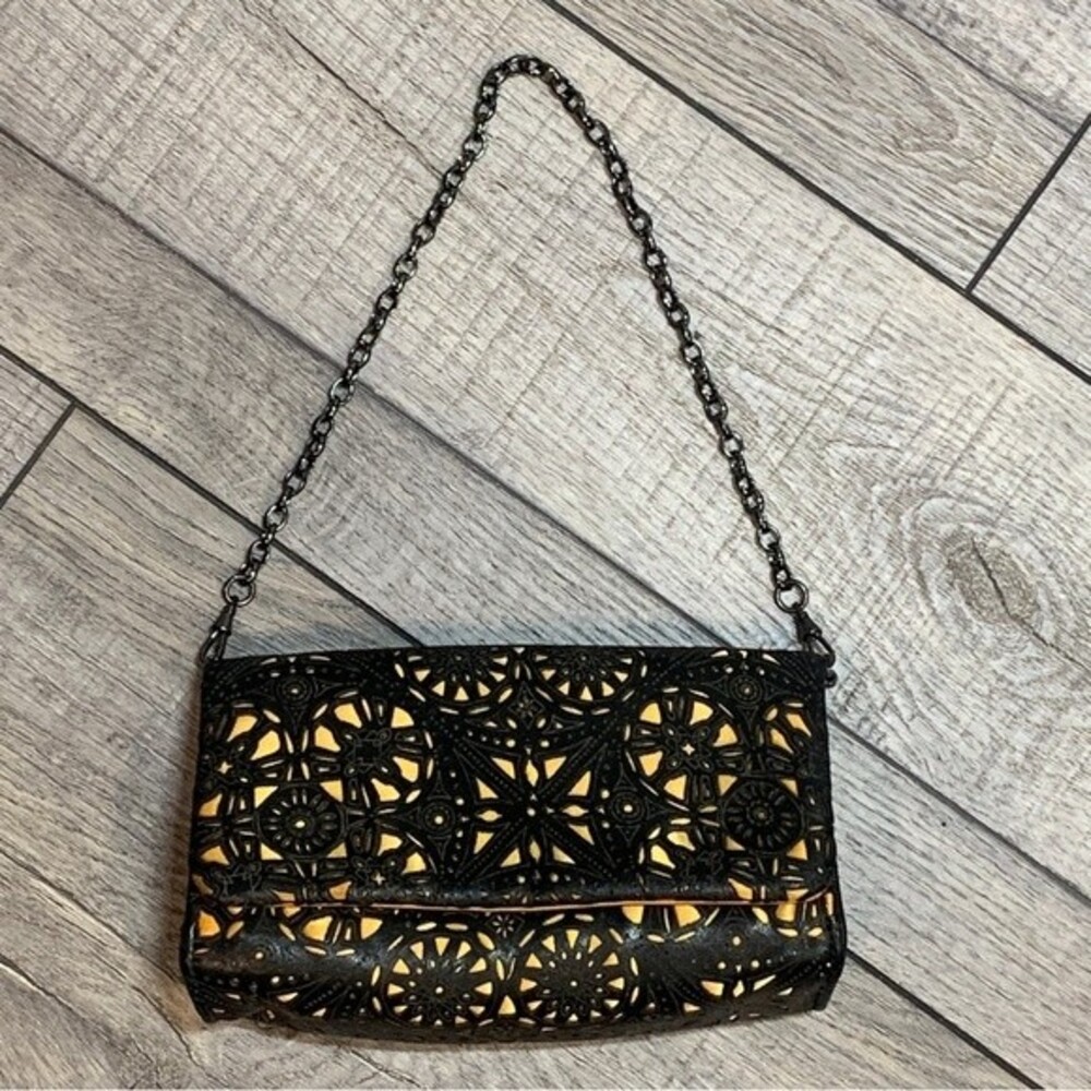 Inge Christopher Charlotte Filligree Black & Gold Leather Clutch